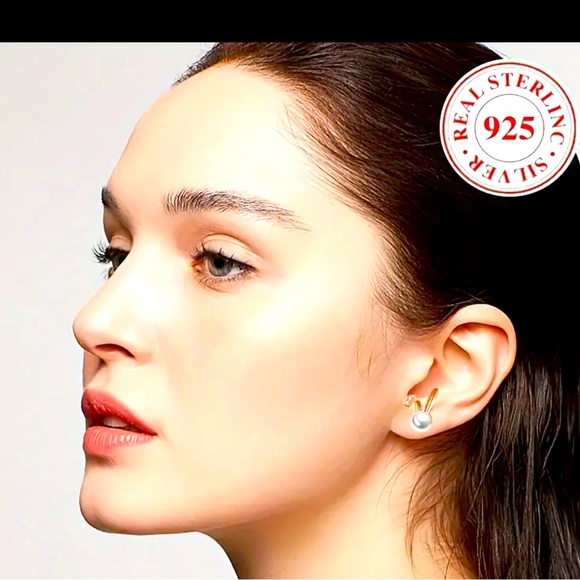 Sterling Silver Rabbit Stud Earrings,Freshwater Pearl Hypoallergenic and Elegant - Picture 2 of 7